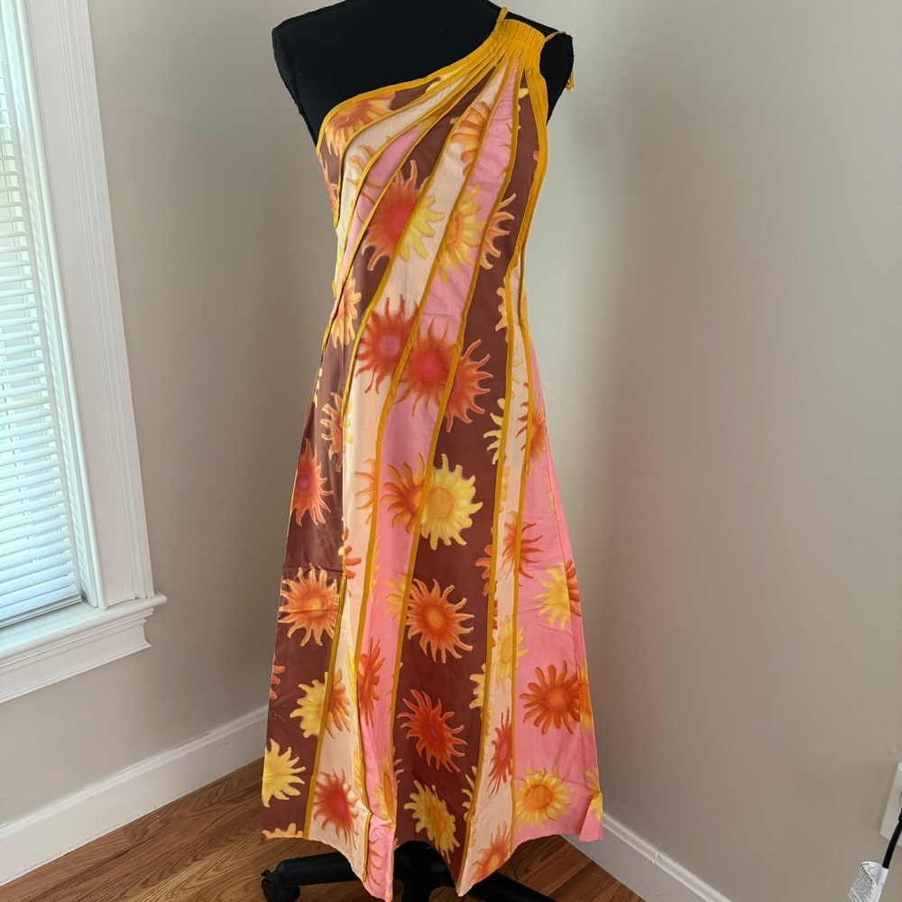 Farm Rio One Shoulder Seamed Sun Print Dress Cotton Size S Pink Orange